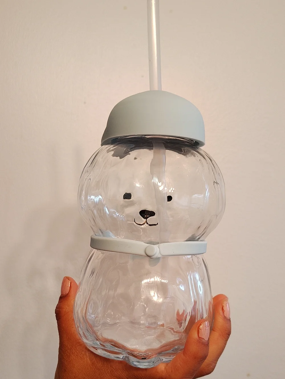Cute Bear Shaped Clear Drink Cup with Light Blue Lid & Collar